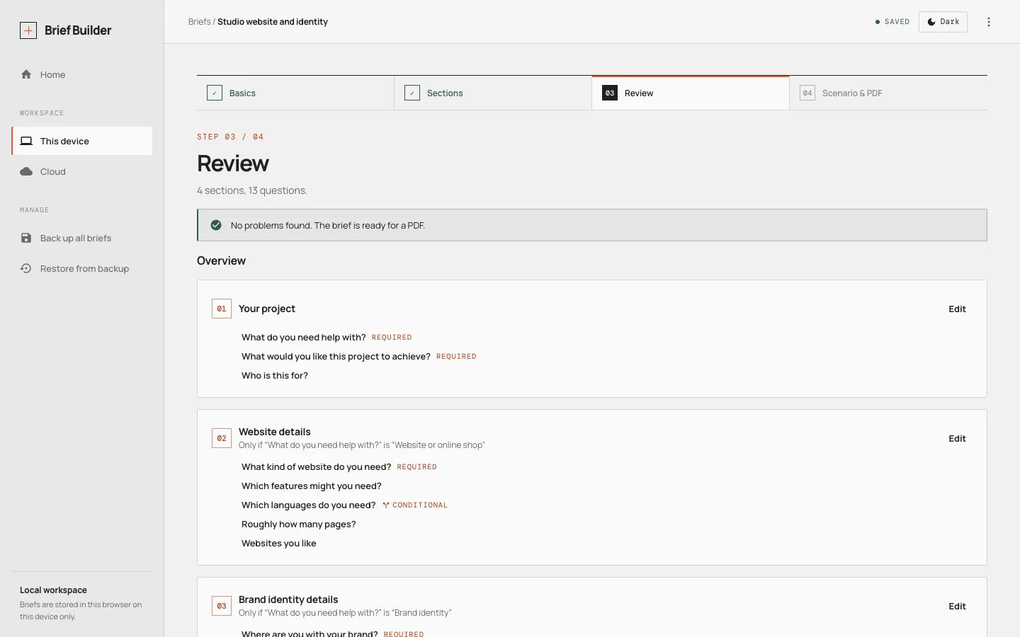 The Review step of a brief in Brief Builder.