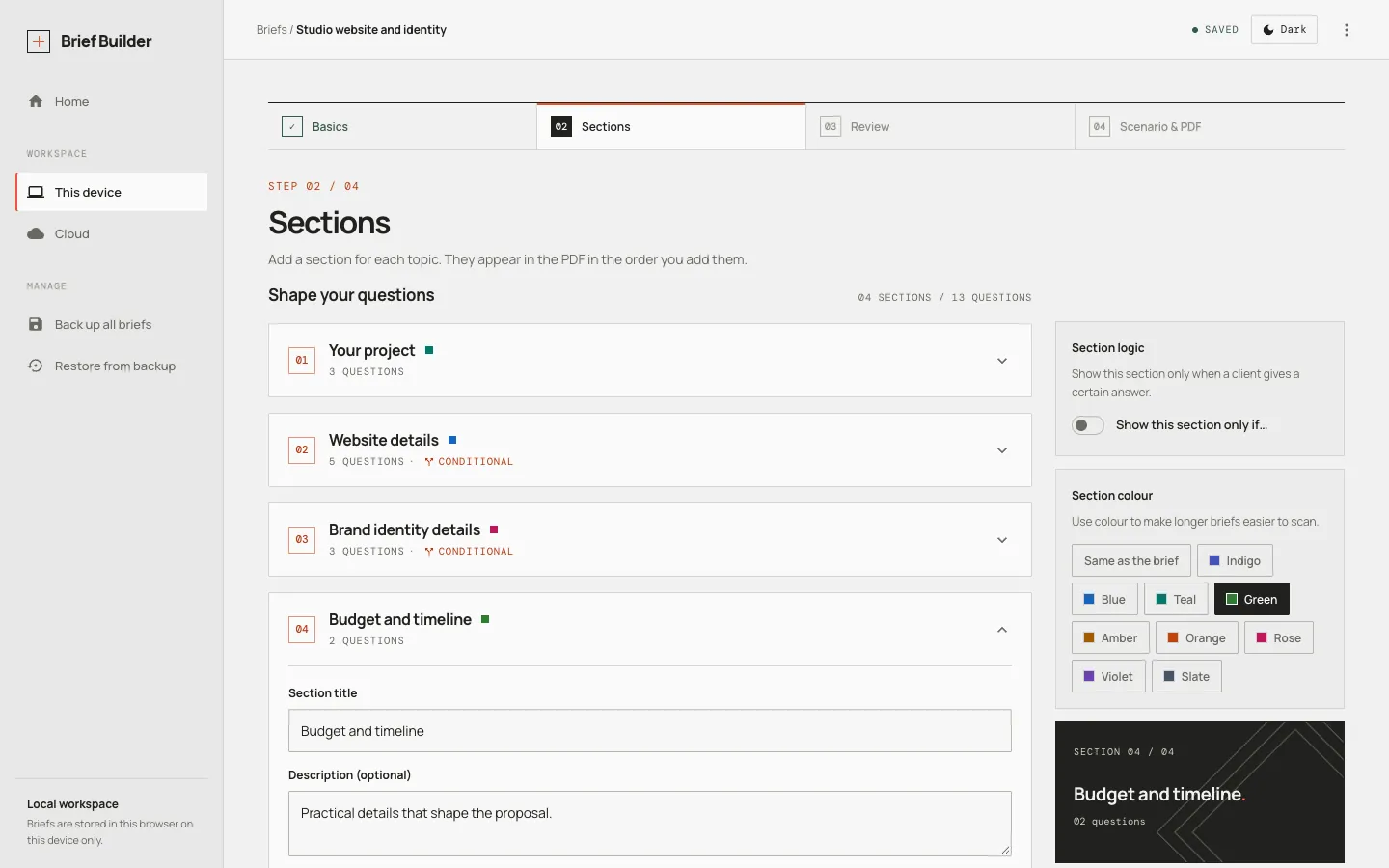 Brief Builder on desktop, Sections step: a brief called Studio website and identity with sections for the project, website details, brand identity details, and budget and timeline.