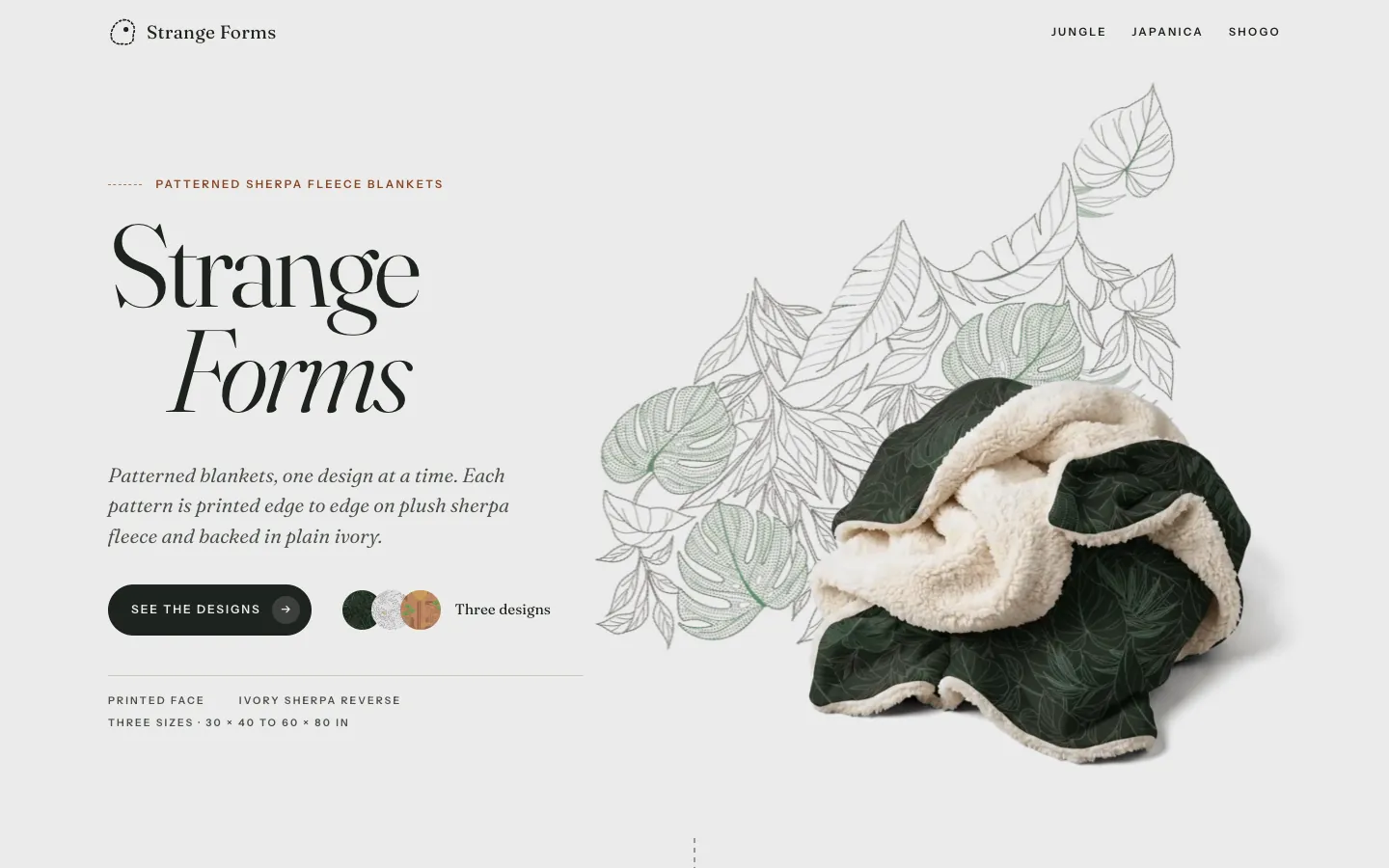 The Strange Forms home page: a crumpled dark green Jungle blanket with drawn leaves behind it, and the heading Patterned sherpa fleece blankets.