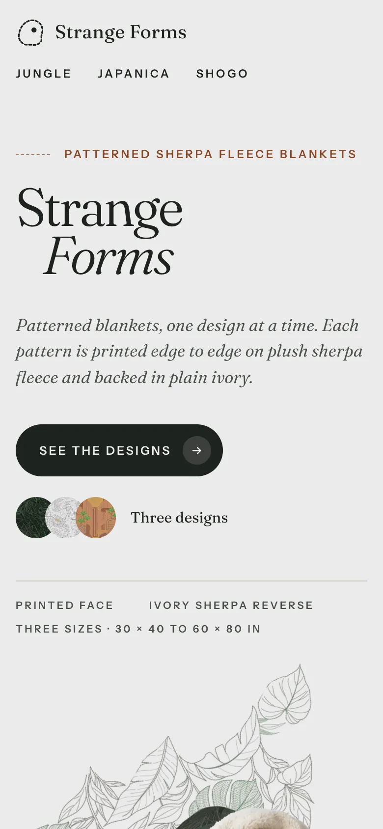The Strange Forms home page on a phone.